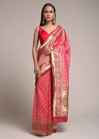 Persian Pink Saree In Silk With Woven Diagonal Stripes And Bandhani Design Online - Kalki Fashion