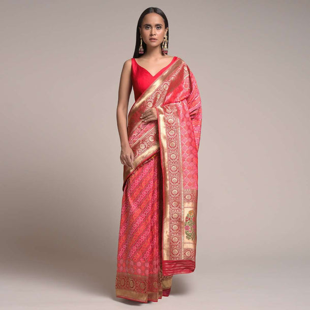 Persian Pink Saree In Silk With Woven Diagonal Stripes And Bandhani Design Online - Kalki Fashion