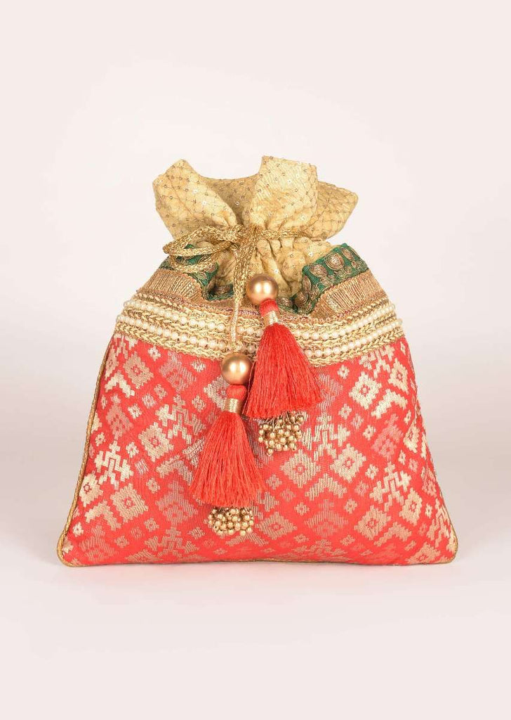 Persian Red Potli In Brocade Silk With Embroidery Work Online - Kalki Fashion