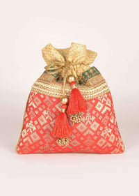 Persian Red Potli In Brocade Silk With Embroidery Work Online - Kalki Fashion