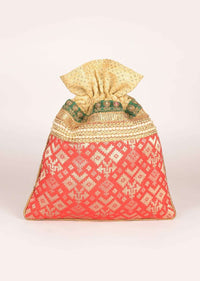 Persian Red Potli In Brocade Silk With Embroidery Work Online - Kalki Fashion