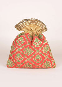 Persian Red Potli In Brocade Silk With Green And Gold Weaved Geometric Floral Pattern Online - Kalki Fashion