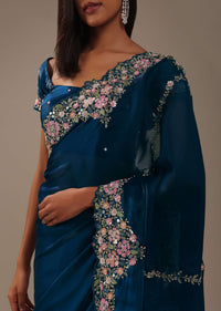 Persian Blue 3D Embroidered Saree In Tissue Silk
