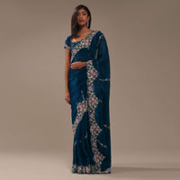 Persian Blue 3D Embroidered Saree In Tissue Silk