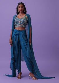 Persian Blue Crop Top And Dhoti Set In Satin With Floral Work