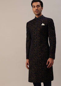 Persian Blue Floral Embroidered Sherwani Set In Velvet