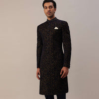 Persian Blue Floral Embroidered Sherwani Set In Velvet