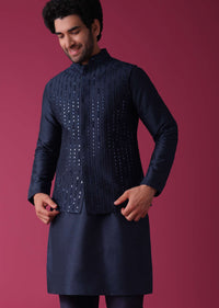 Persian Blue Jacket Kurta Set In Silk With Threadwork