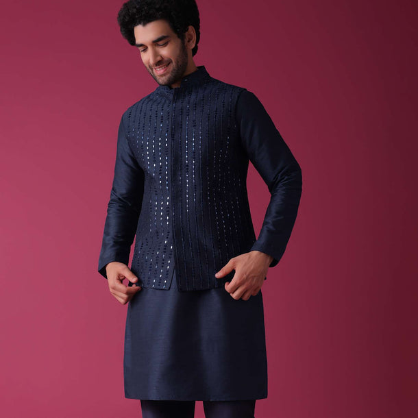 Persian Blue Jacket Kurta Set In Silk With Threadwork