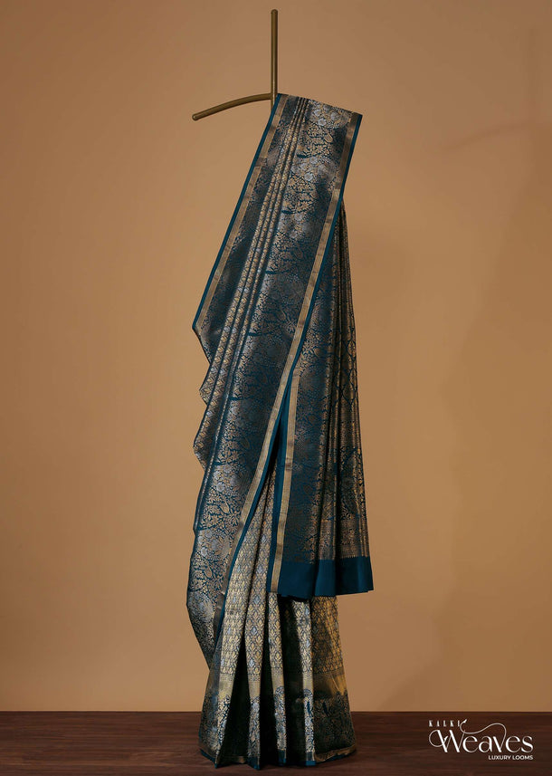 Persian Blue Kanjivaram Saree In Pure Uppada Silk With Unstitched Blouse