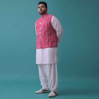 Persian Pink Tussar Silk Fabricated Jacket Kurta Set With Bandhani Print