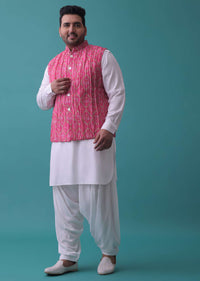 Persian Pink Tussar Silk Fabricated Jacket Kurta Set With Bandhani Print