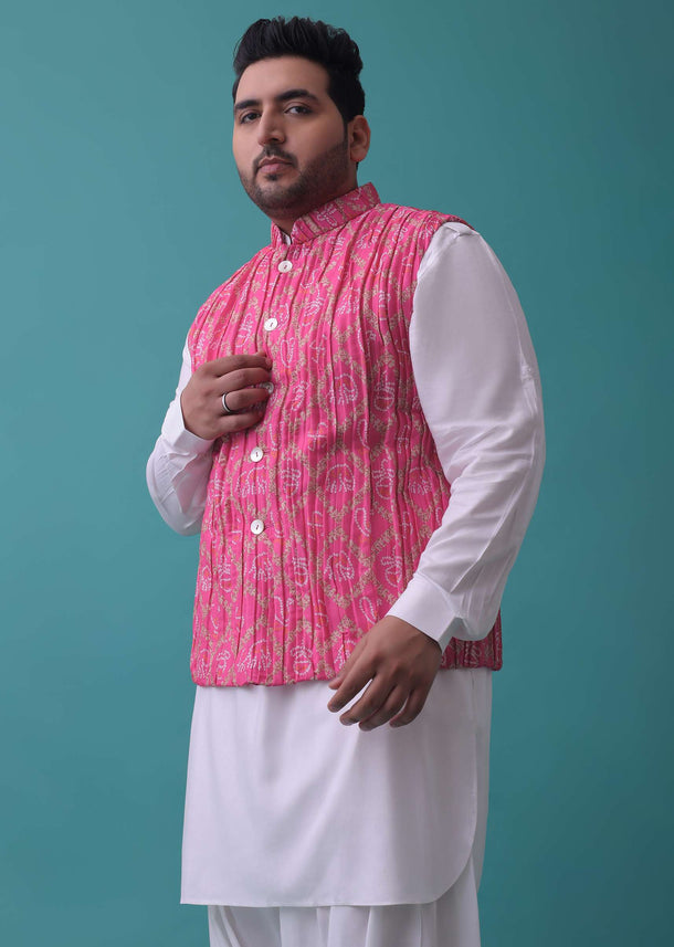 Persian Pink Tussar Silk Fabricated Jacket Kurta Set With Bandhani Print