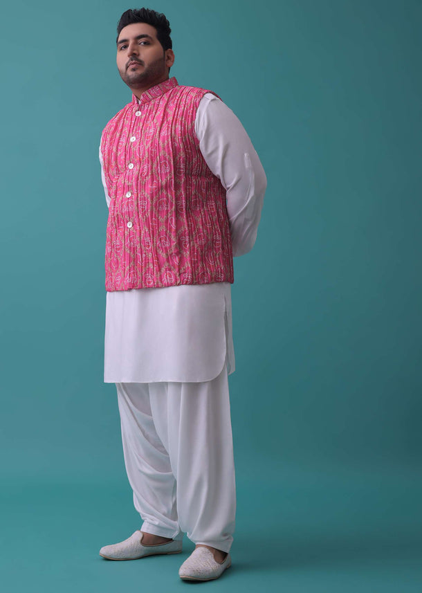 Persian Pink Tussar Silk Fabricated Jacket Kurta Set With Bandhani Print