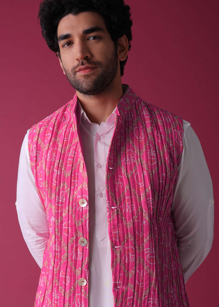 Persian Pink Jacket Kurta Set In Tussar Silk With Bandhani Print