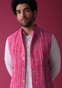 Persian Pink Jacket Kurta Set In Tussar Silk With Bandhani Print