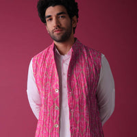 Persian Pink Jacket Kurta Set In Tussar Silk With Bandhani Print