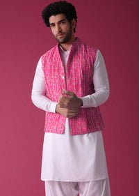 Persian Pink Jacket Kurta Set In Tussar Silk With Bandhani Print