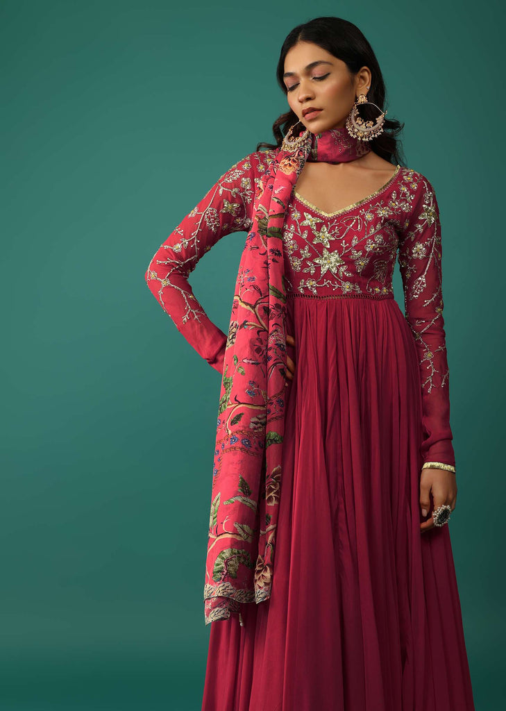 Persian Red Anarkali In Georgette With Sequins Embroidery