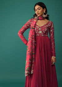 Persian Red Anarkali In Georgette With Sequins Embroidery