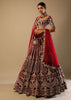 Persian Red Lehenga Choli In Velvet With Multi Colored Hand Embroidered Mughal Kalis And Floral Motifs