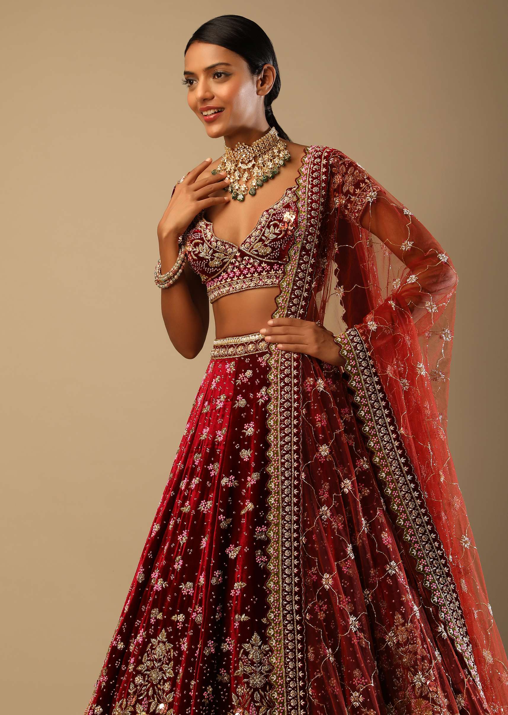 Persian Red Lehenga Choli In Velvet With Moss Green Mughal Border And Multi Colored Hand Embroidered Flowers