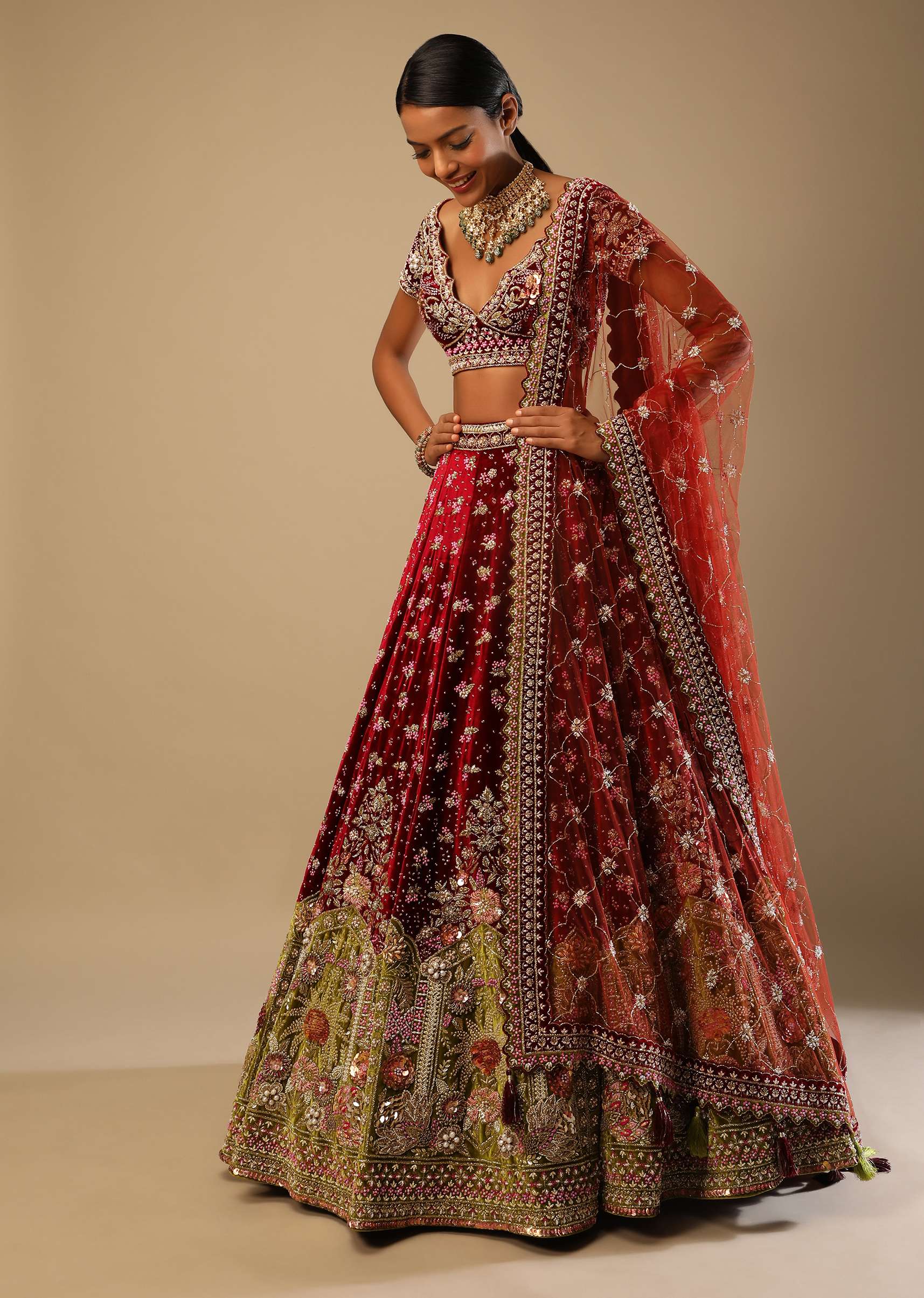 Persian Red Lehenga Choli In Velvet With Moss Green Mughal Border And Multi Colored Hand Embroidered Flowers