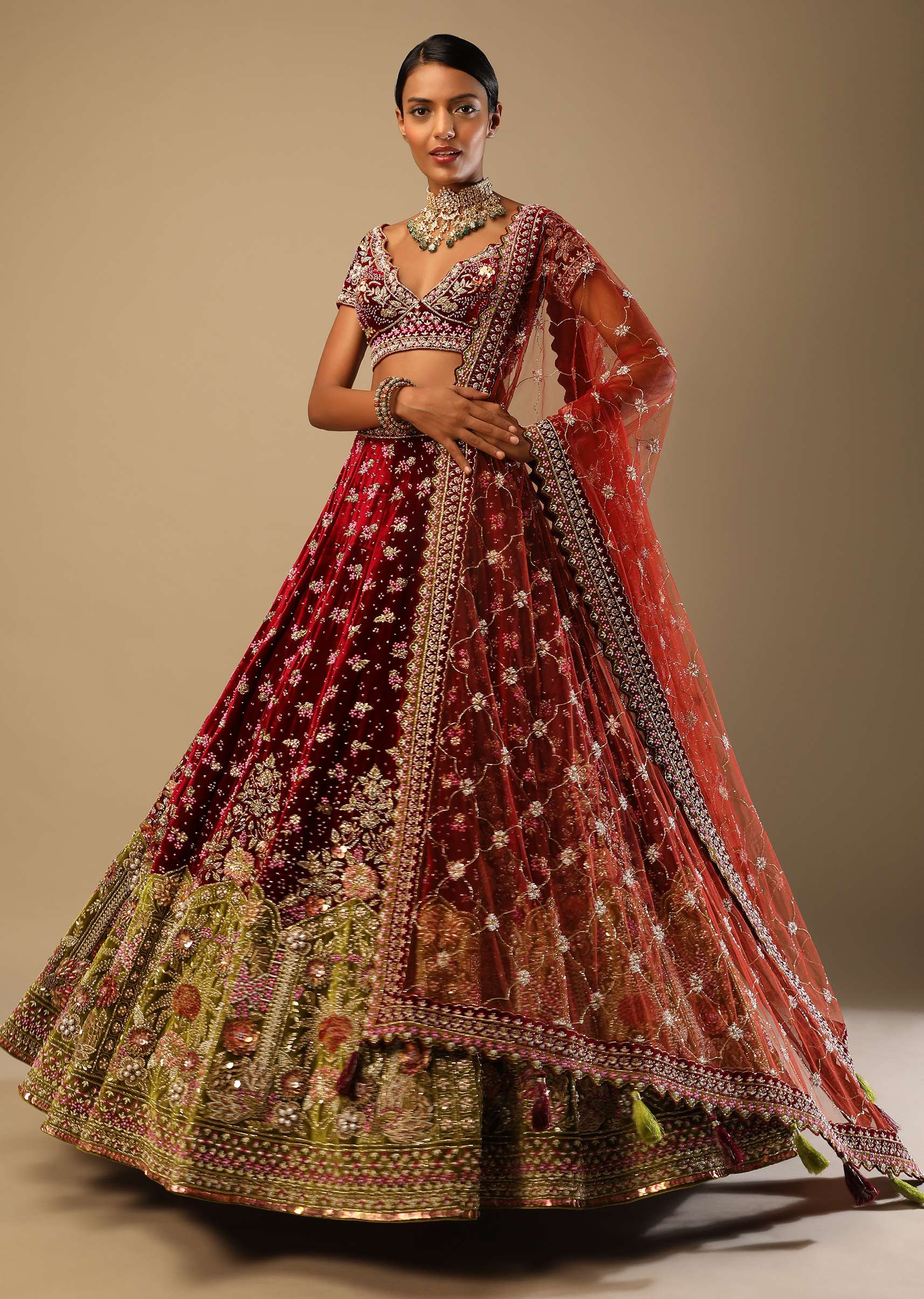 Persian Red Lehenga Choli In Velvet With Moss Green Mughal Border And Multi Colored Hand Embroidered Flowers