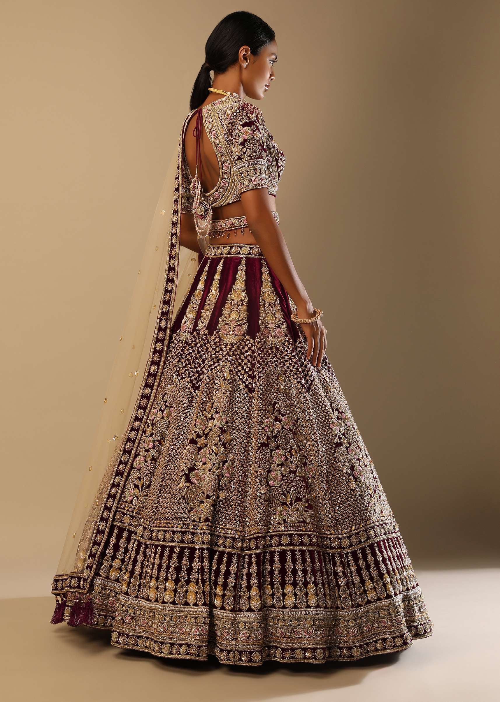 Persian Red Lehenga Choli In Velvet With Mughal Jaali And Floral Hand Embroidered Kali