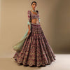 Persian Red Lehenga Puff Sleeves Choli With Multi Colored Hand Embroidered Floral Kali And Scalloped Border