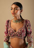 Persian Red Lehenga Puff Sleeves Choli With Multi Colored Hand Embroidered Floral Kali And Scalloped Border