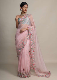 Petal Pink Saree In Organza With Resham Embroidered Floral Design On The Border