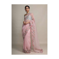 Petal Pink Saree In Organza With Resham Embroidered Floral Design On The Border