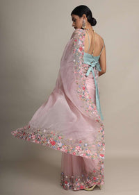 Petal Pink Saree In Organza With Resham Embroidered Floral Design On The Border