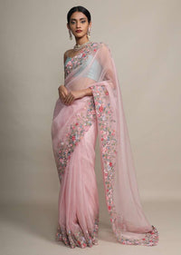 Petal Pink Saree In Organza With Resham Embroidered Floral Design On The Border