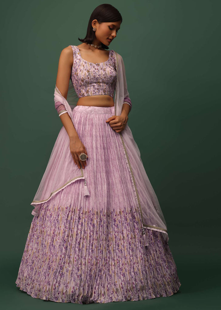 Petal Pink Embroidered Lehenga Set In Silk With Floral Print