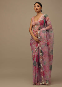 Petal Pink Organza Saree With Vibrant Floral Print And Cutdana Work