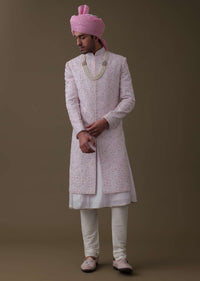 Petal Pink Sherwani Set In Tussar With Moti Work