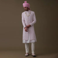 Petal Pink Sherwani Set In Tussar With Moti Work