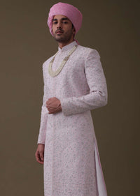 Petal Pink Sherwani Set In Tussar With Moti Work