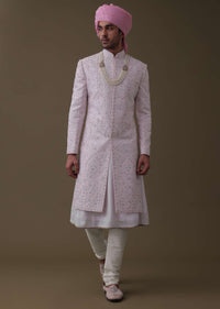 Petal Pink Sherwani Set In Tussar With Moti Work