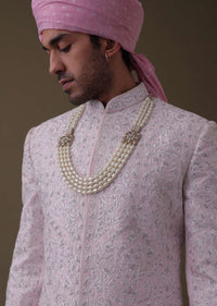 Petal Pink Sherwani Set In Tussar With Moti Work