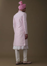 Petal Pink Sherwani Set In Tussar With Moti Work