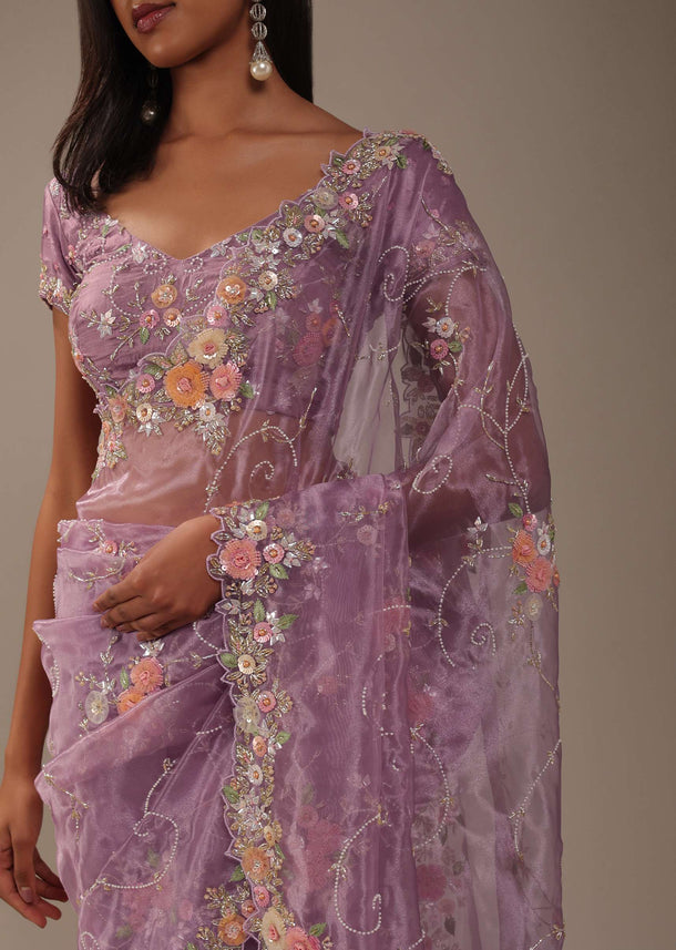 Petal Pink 3D Embroidered Saree In Tissue Silk