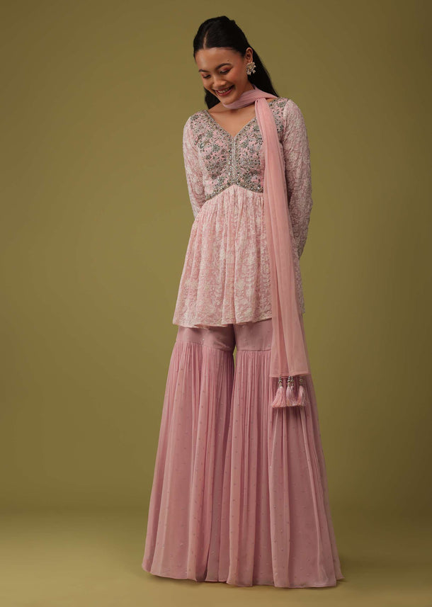 Petal Pink Chinon Peplum Top And Sharara Set With Lucknowi Embroidery