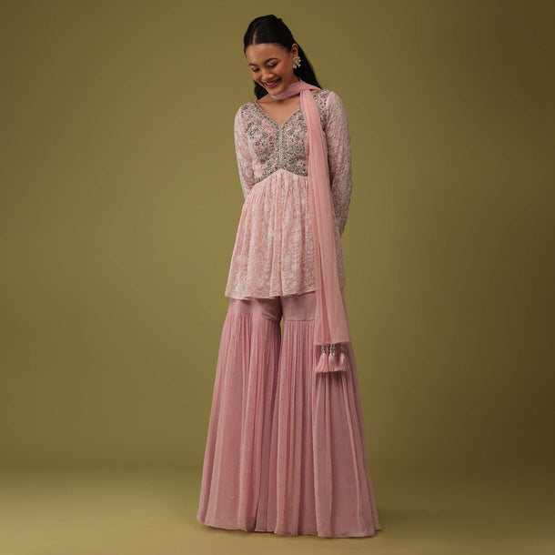 Petal Pink Chinon Peplum Top And Sharara Set With Lucknowi Embroidery