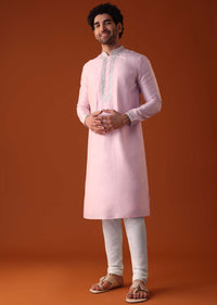 Petal Pink Embroidered Kurta Set In Viscose Silk