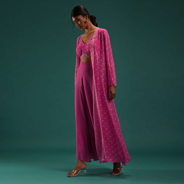 Petal Pink Floral Printed Crop Top And Palazzo Set With Cape In Georgette