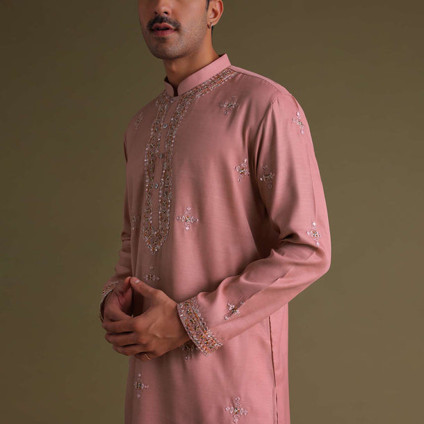 Petal Pink Kurta Set In Silk With Mirror Embroidery