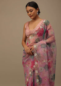 Petal Pink Organza Saree With Vibrant Floral Print And Cutdana Work